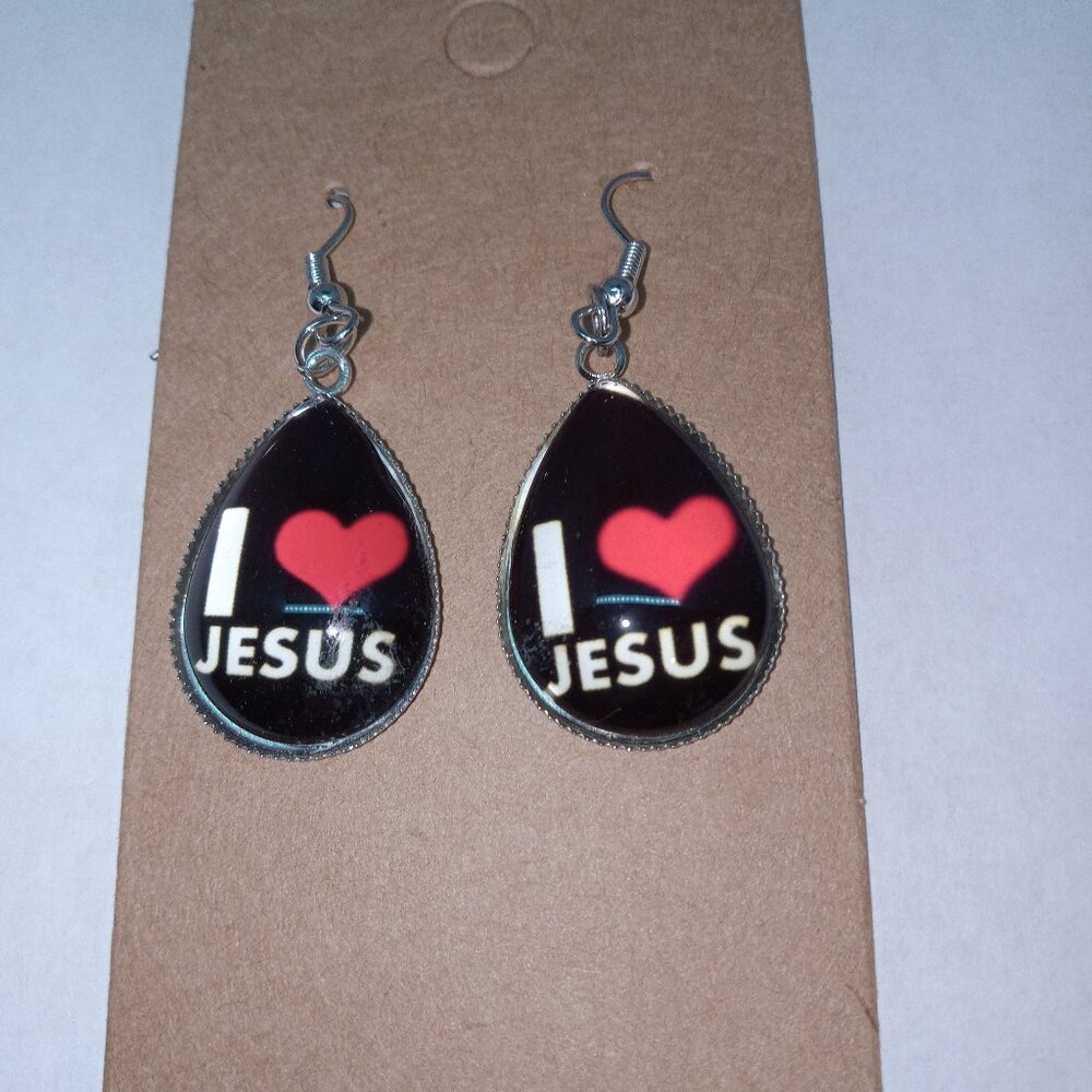Earrings "I ♥ Jesus " Black Elegant and Simple Pierced NewE324.